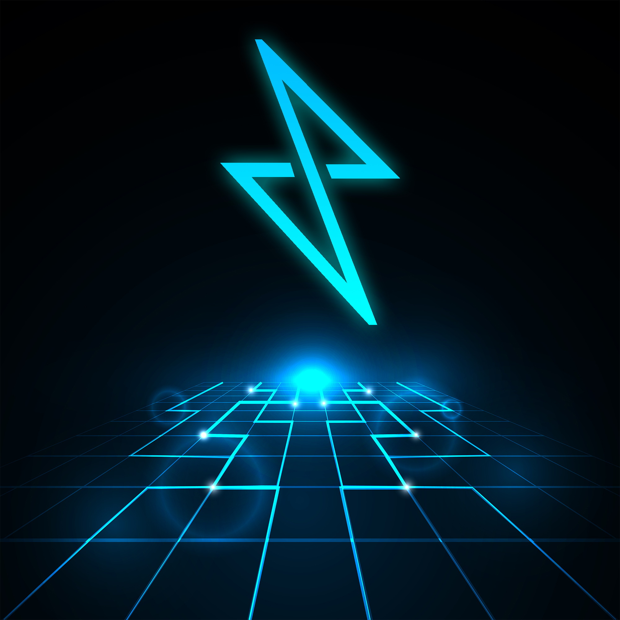 A blue lightning bolt, stylistically designed over a TRON-inspired digital background