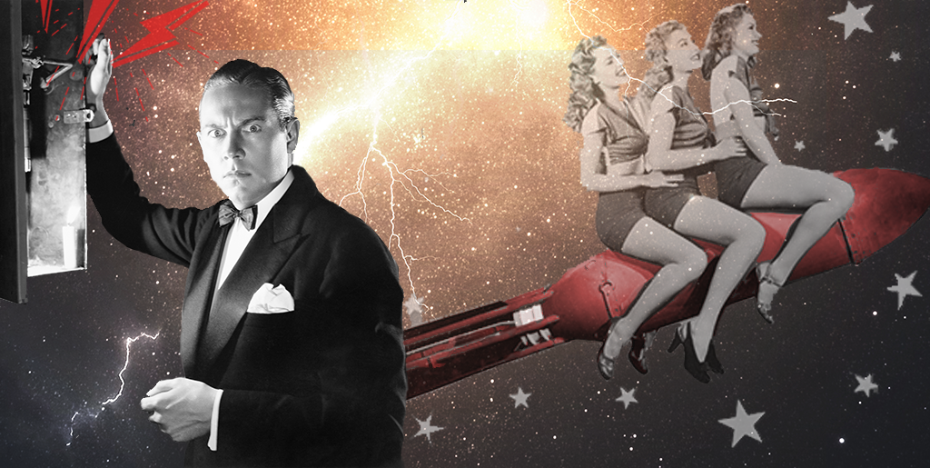 vintage collage of a man pulling a transform box with three vintage women riding a rocket into a lightning storm