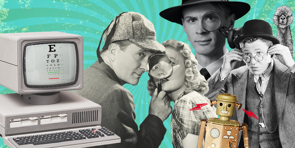 vintage collage of old computer, man and woman looking through magnify glass, man squinting through glasses and a random llama
