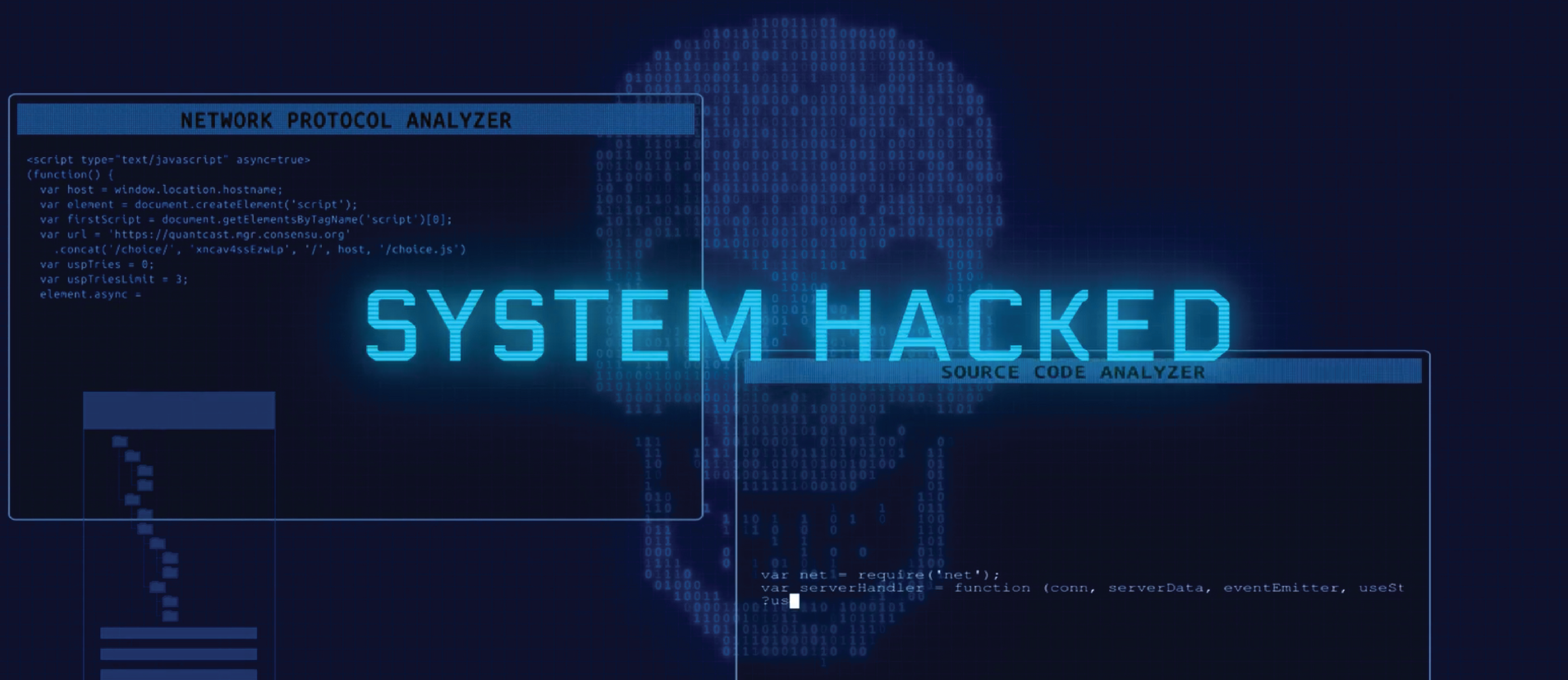 Cybersecurity graphic displaying a skull formed out of code and the text "system hacked"